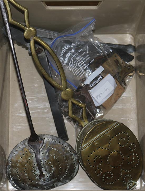 Clock keys, measure, chestnut roaster and skillet